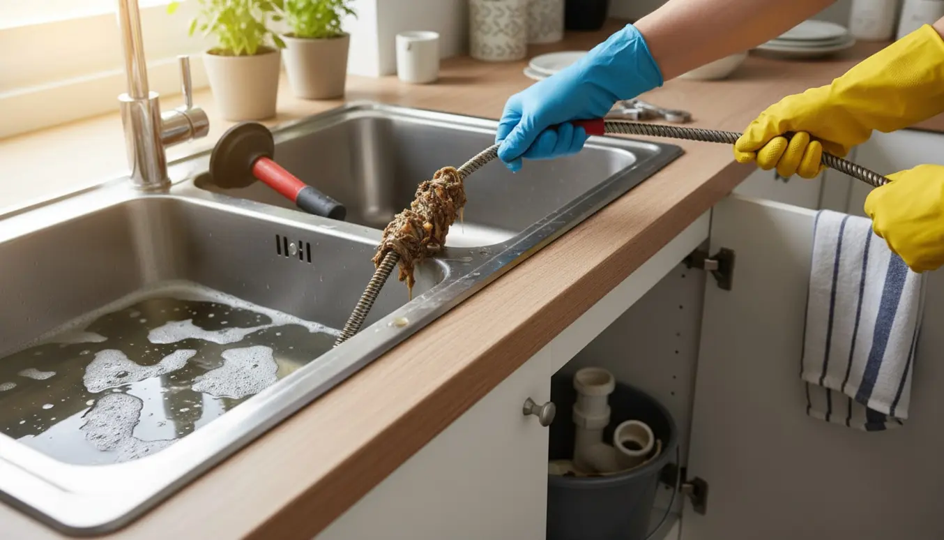 Nærbillede af hænder i gule handsker, der bruger en afløbsrenser ved en stoppet køkkenvask mens en spand fanger vandet under vasken.