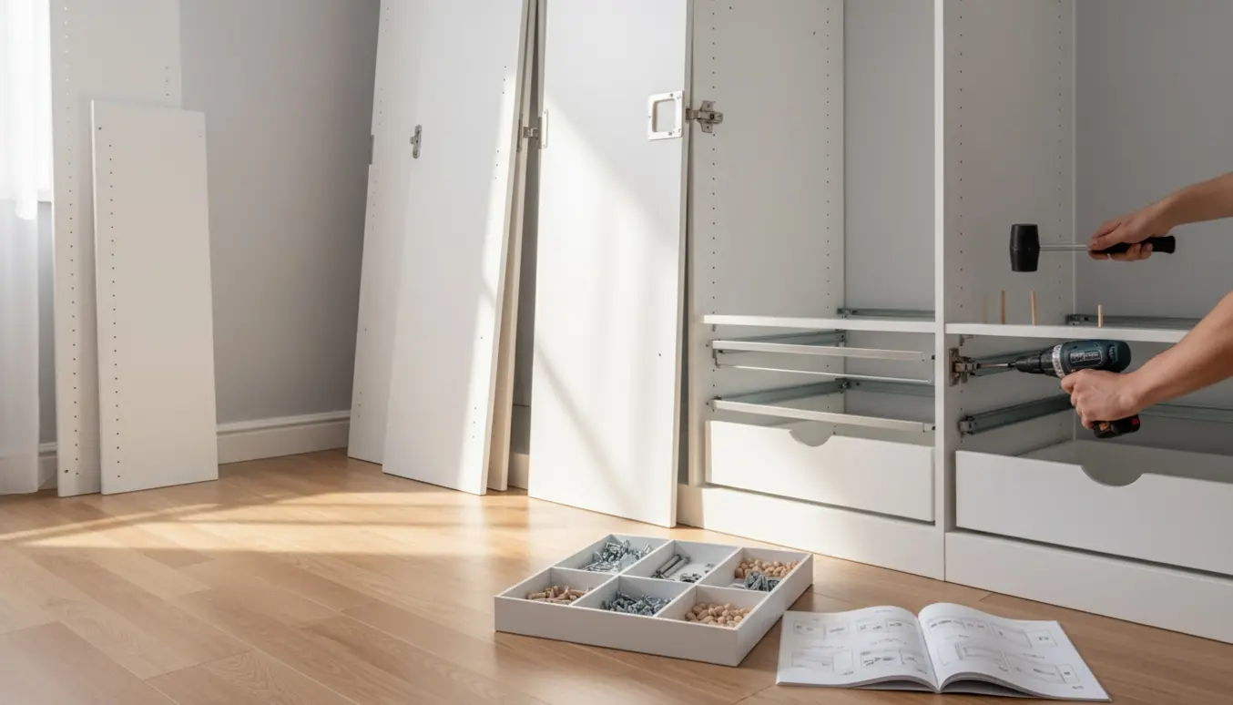 Nærbillede af hænder, der samler et stort fladt pakket garderobeskab i et lyst soveværelse med værktøj og smådele på gulvet.