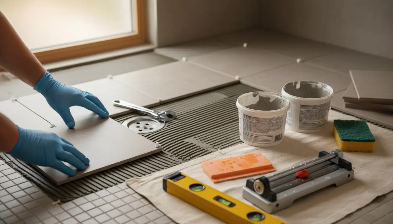 Nye 20x20 fliser lægges ovenpå eksisterende badeværelsesgulv ved bruseafløbet, hævet afløbsflange og værktøj i nærbillede.