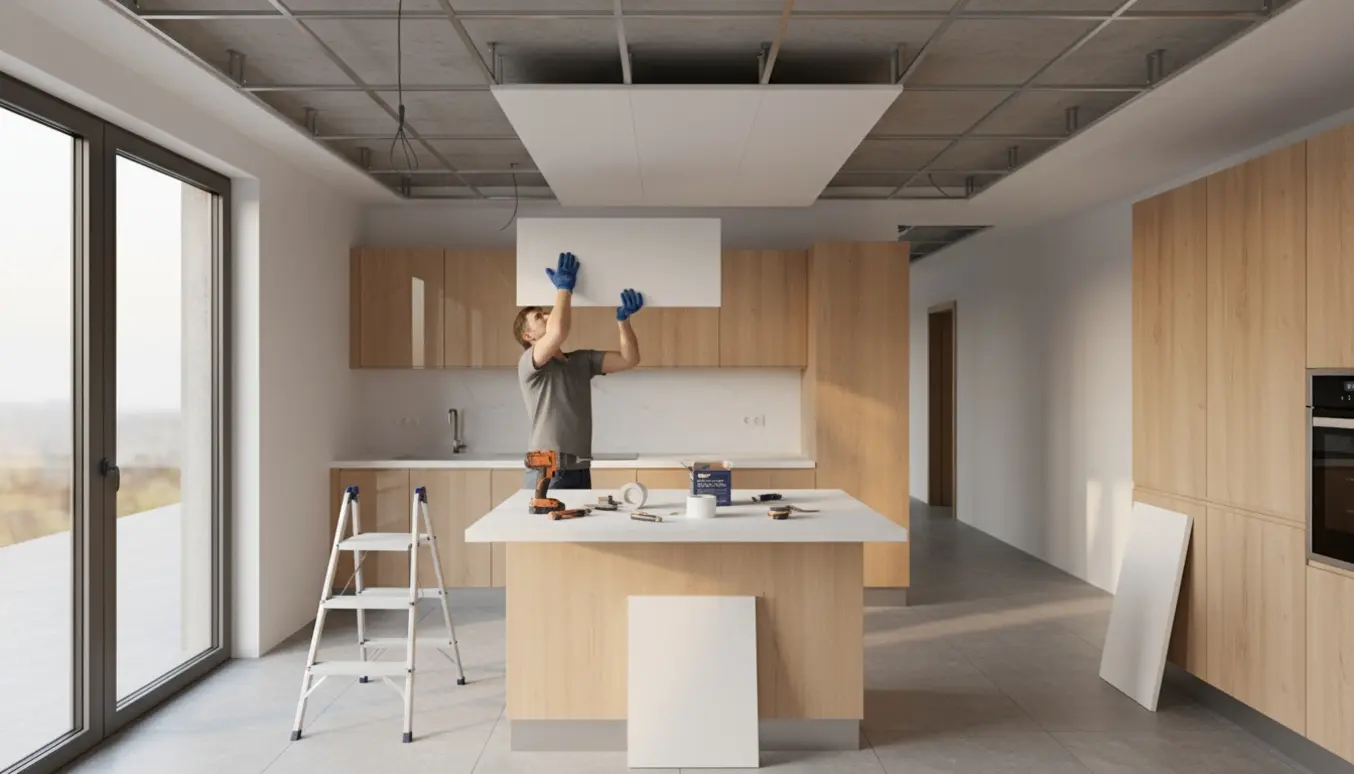 Nedsænket gipsloft monteres i køkkenet med synlig stålramme, værktøj og håndværkerens hænder.