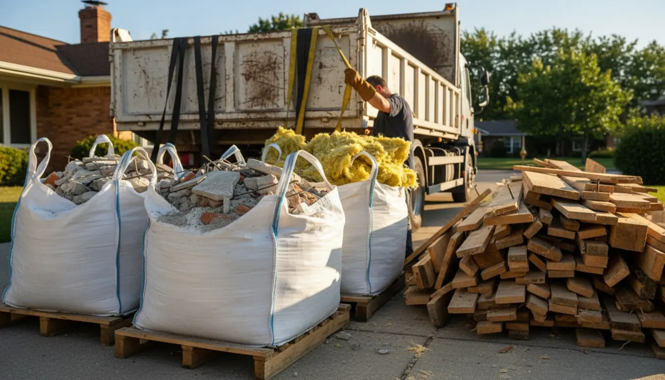 Big-bags med byggeaffald, isolering og nedrivningstræ ved en åben varevogn på en indkørsel.