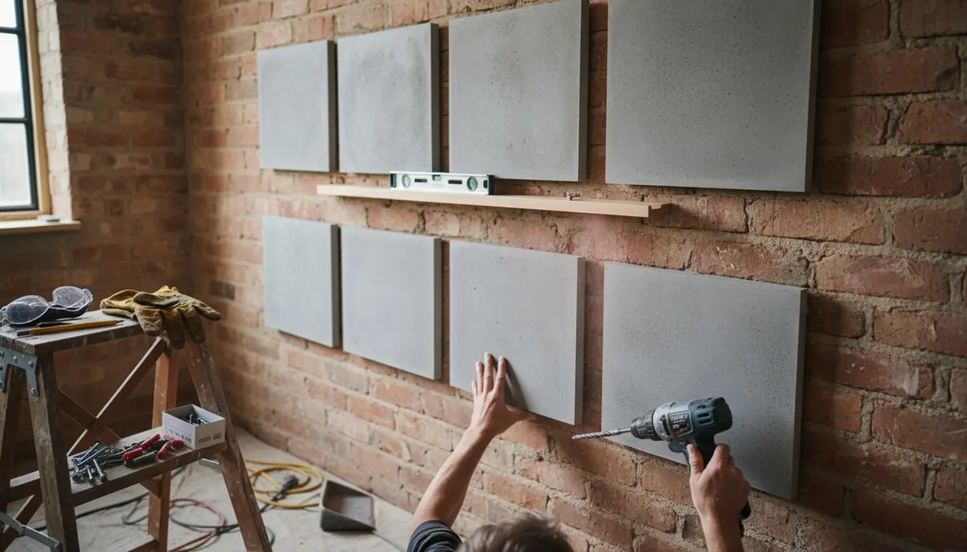 Hænder monterer otte betonplader i to rækker og en lille svævehylde på en murstensvæg.