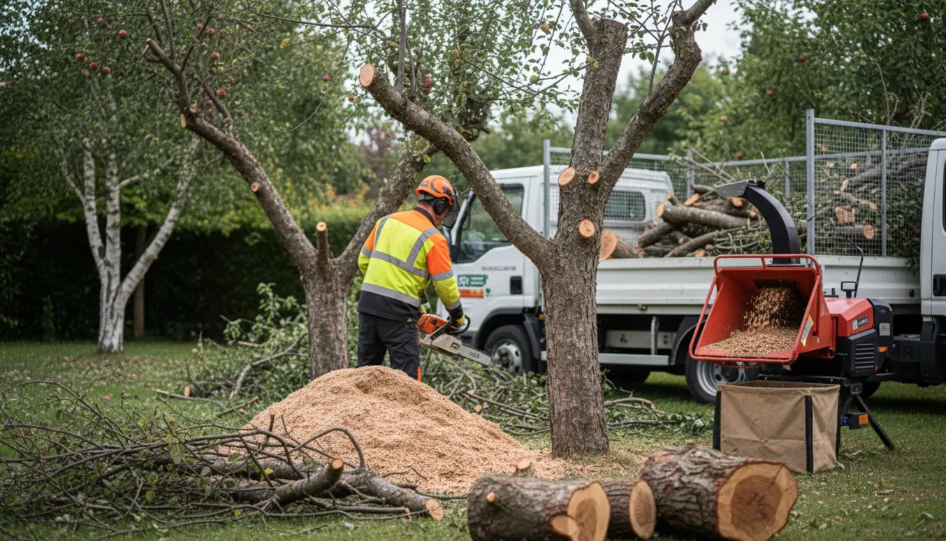 Arborist set bagfra, fælder og grovtilskærer træer i en have med brændestak og flishugger klar til afhentning.