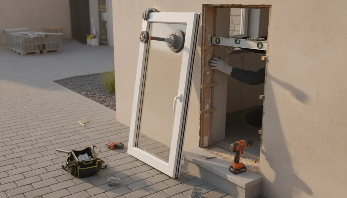 Ny hvid plastvindu bliver isat i et køkkenvindue med handsker, værktøj og flisebelagt indkørsel udenfor.