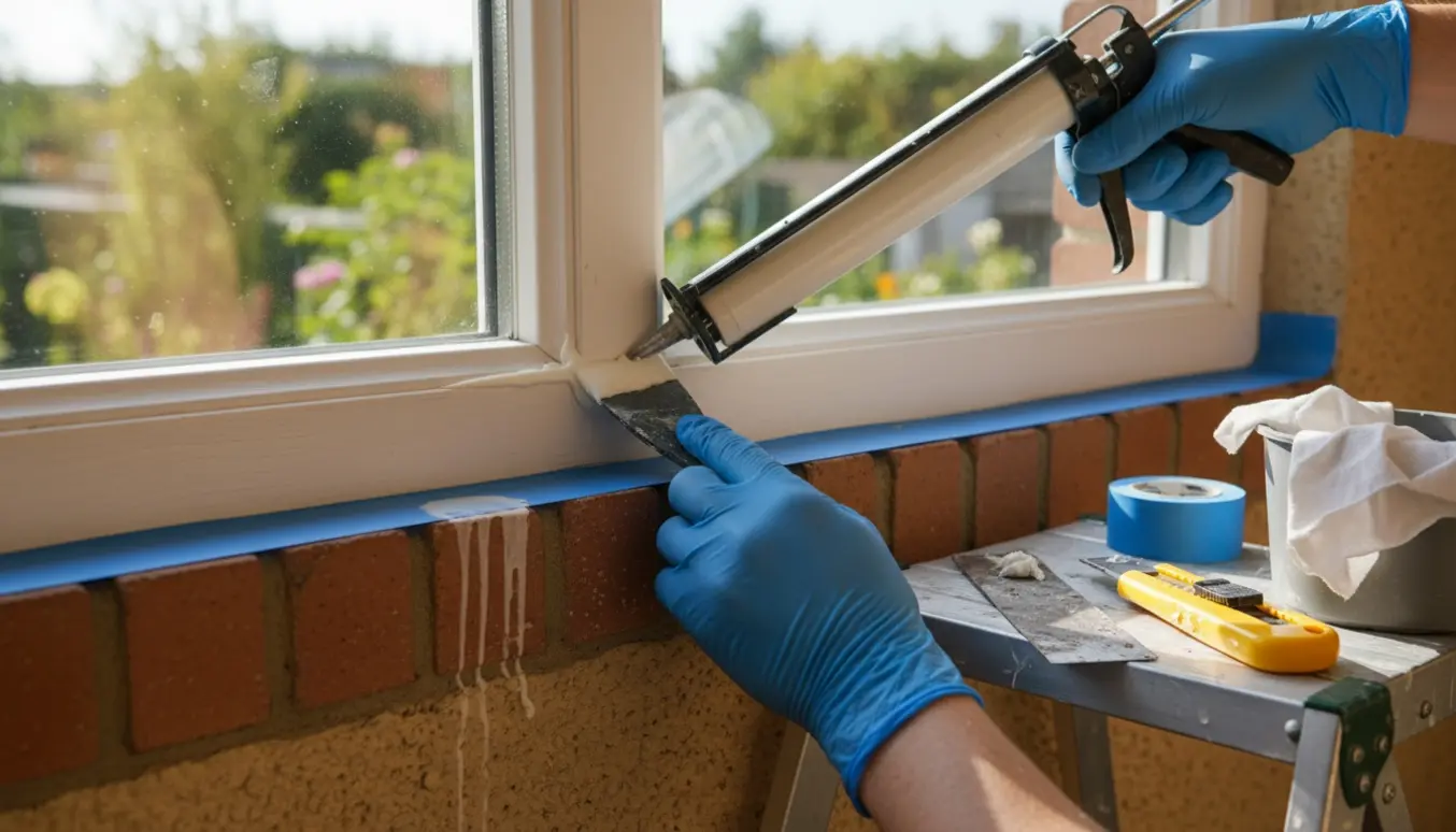 Nærbillede af hænder, der påfører blød silikonefuge øverst på et udvendigt vindue for at stoppe dryp.