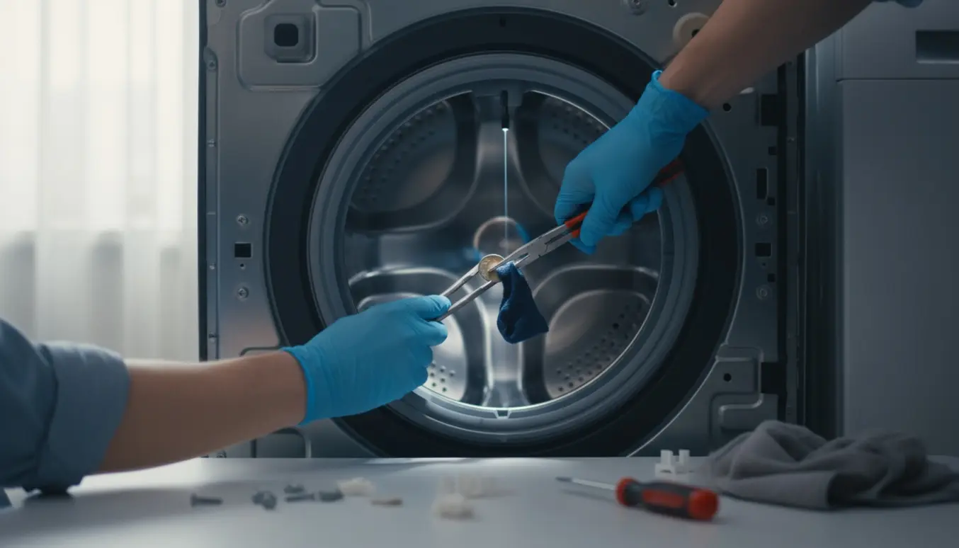 Handskeklædte hænder trækker en mønt og en filtstump ud fra mellemrummet mellem tromle og kar på en vaskemaskine med afmonteret bagpanel.