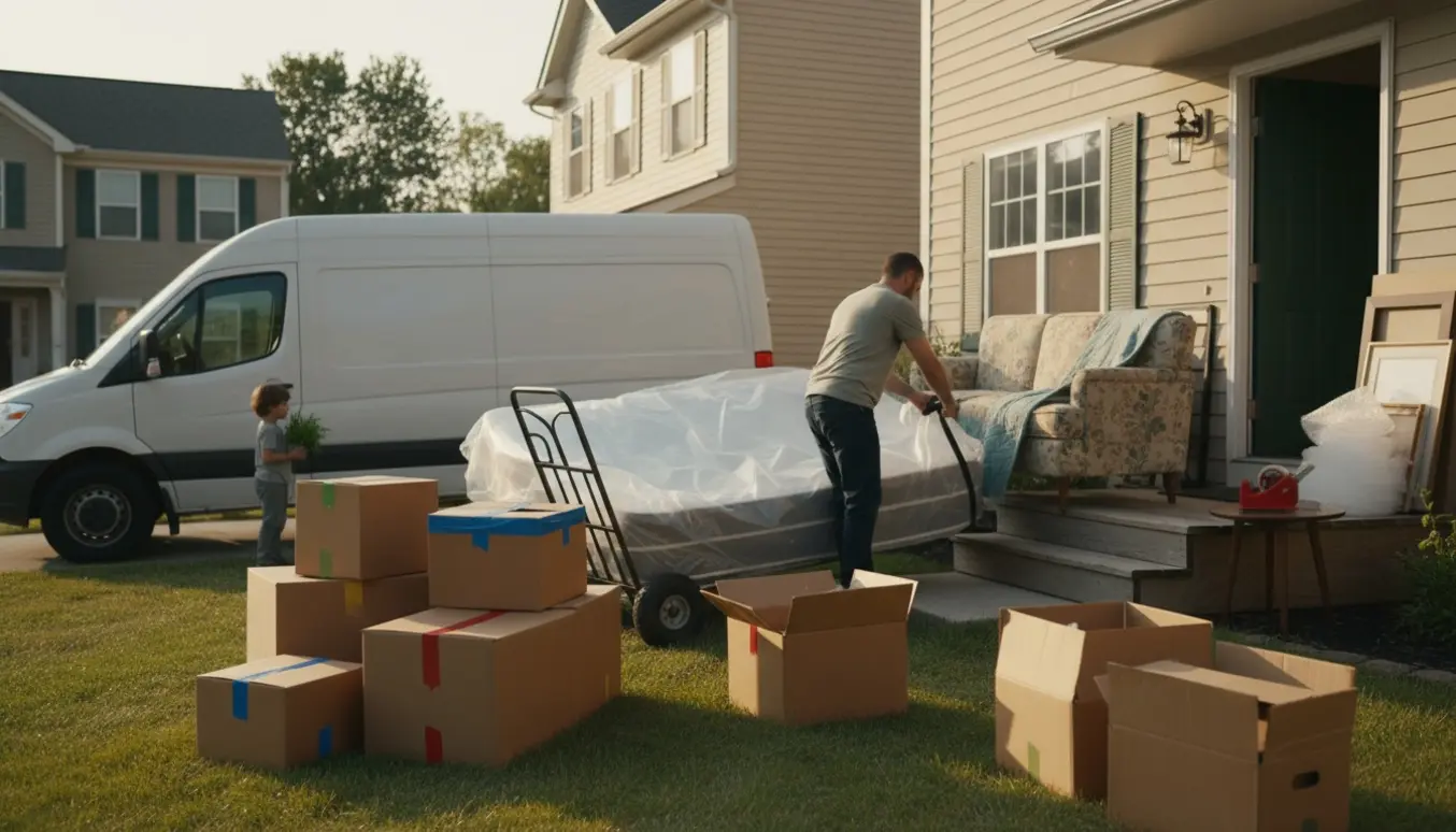 Flyttebil i indkørsel med stabler af flyttekasser, flyttetæpper og møbler ved en husflytning.