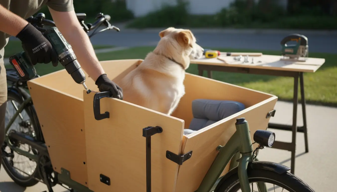 En el-ladcykel i indkørslen, hvor en person monterer en trælåge foran ladet, mens en hund sidder inde.