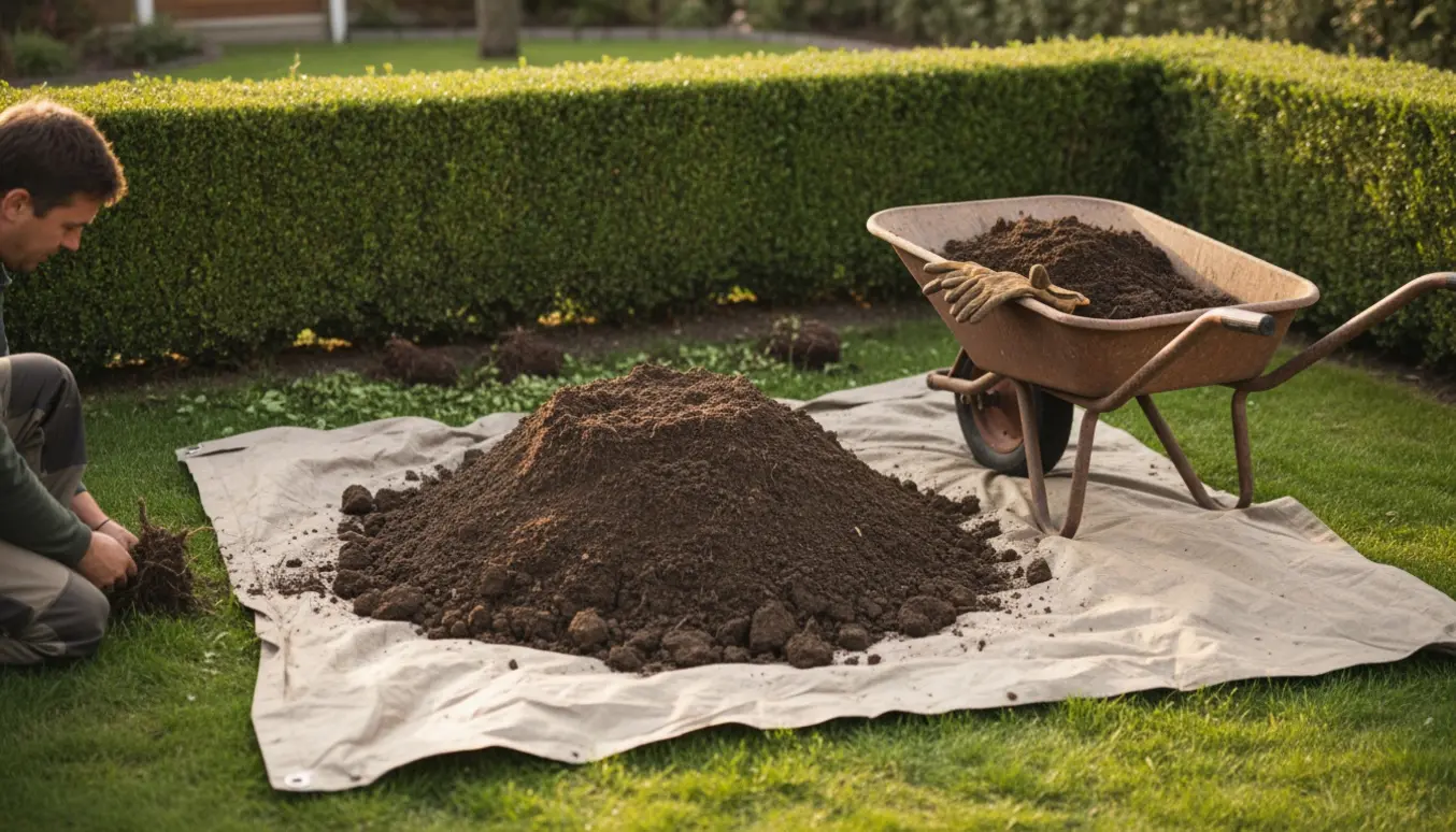 Nygravet muldjord ved en hæk, klar til afhentning med skovl og trillebør.