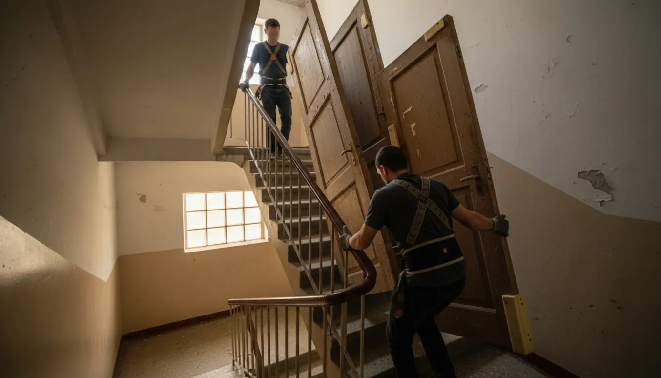 To personer bærer to fyldningsdøre ned ad en smal, stejl bagtrappe, ansigter ikke tydeligt synlige.