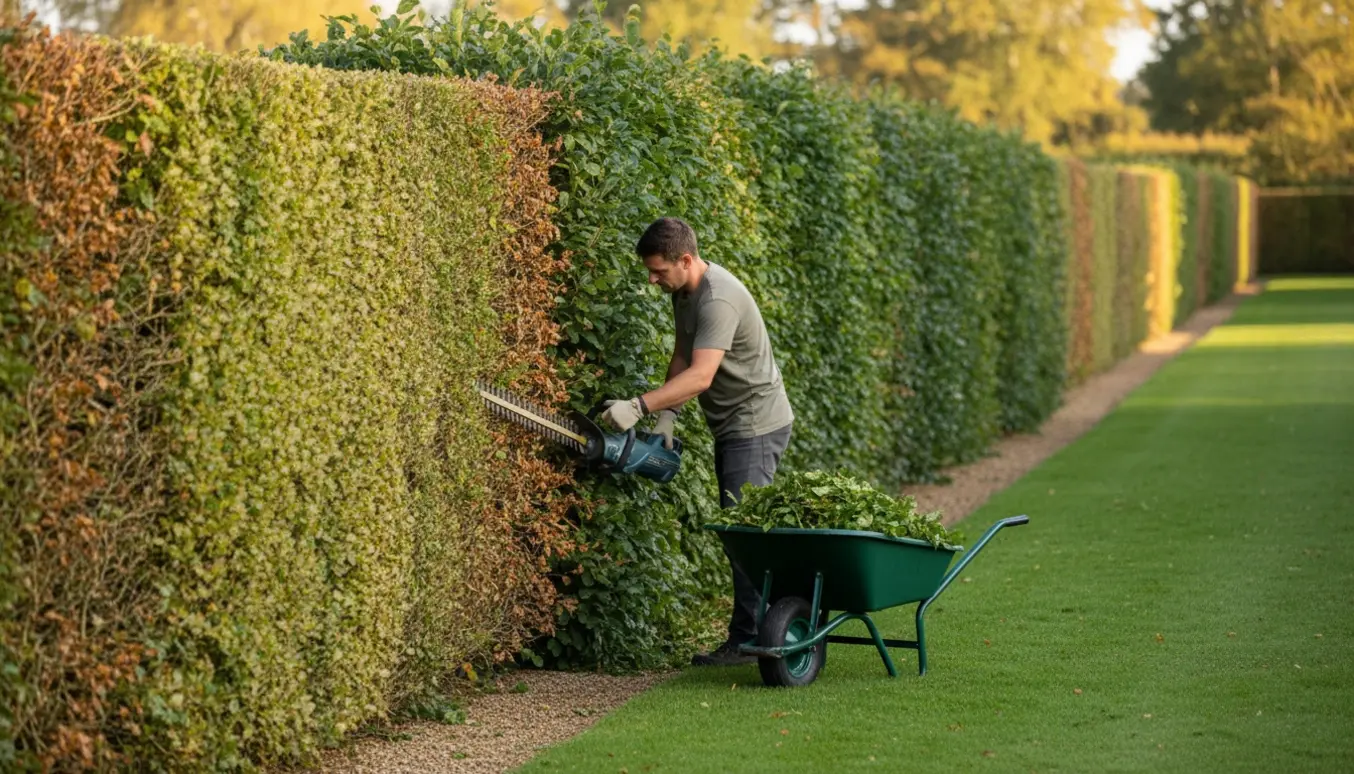 Person klipper den ene side af en lang bøgehæk med en hækkeklipper, afklip samlet på græsset ved siden af.