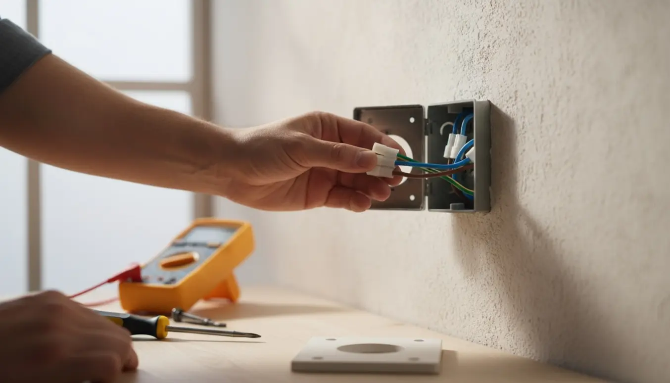 Hænder monterer en elektrisk stik i en åben samlekasse med værktøj ved siden af.