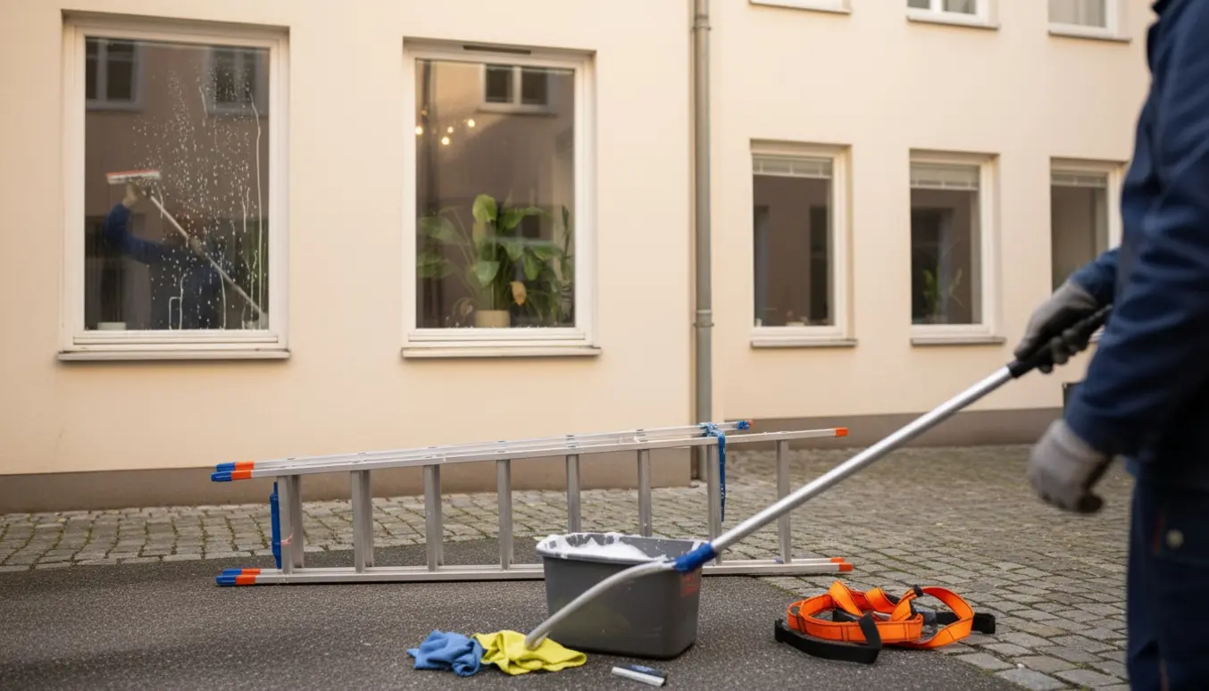 Professionelt vinduespudserudstyr foran 2. sals vinduer med en rude halvt pudset og synlige vandstriber.