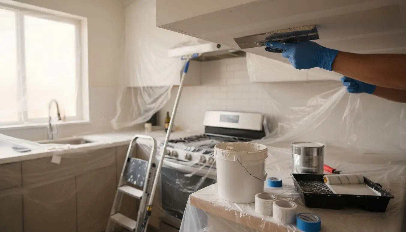 Nærbillede af hænder der spartler og forbereder et nyt gipsloft i et køkken med værktøj og afdækning.