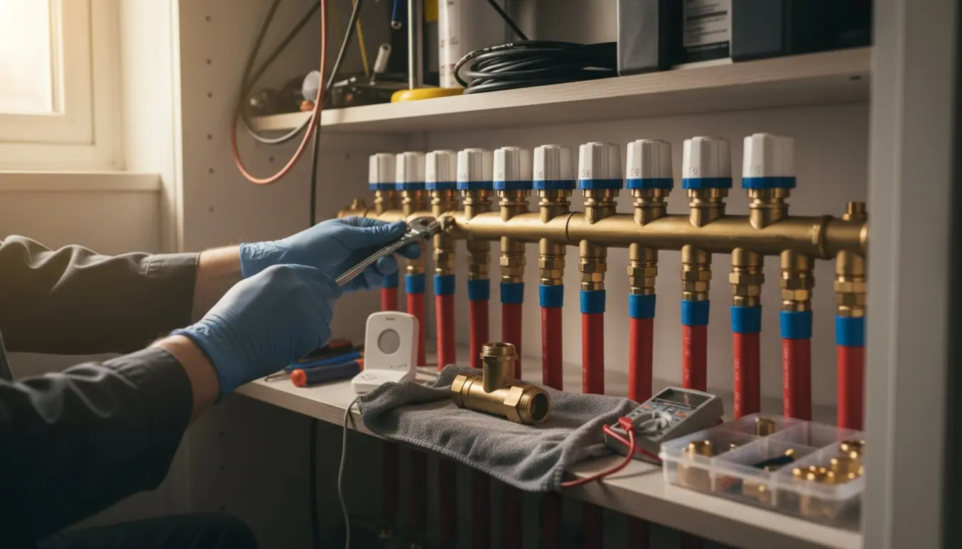 En tekniker skifter en af otte ventiler på en gulvvarmemanifold med værktøj og rumføler ved siden af.