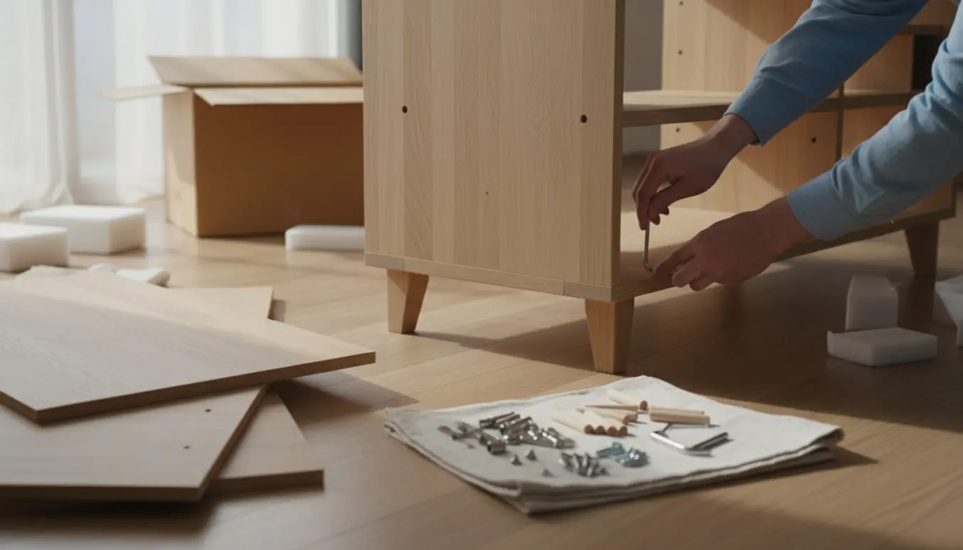 Nærbillede af hænder, der samler en skandinavisk træskænk med værktøj og træpaneler i et lyst rum.