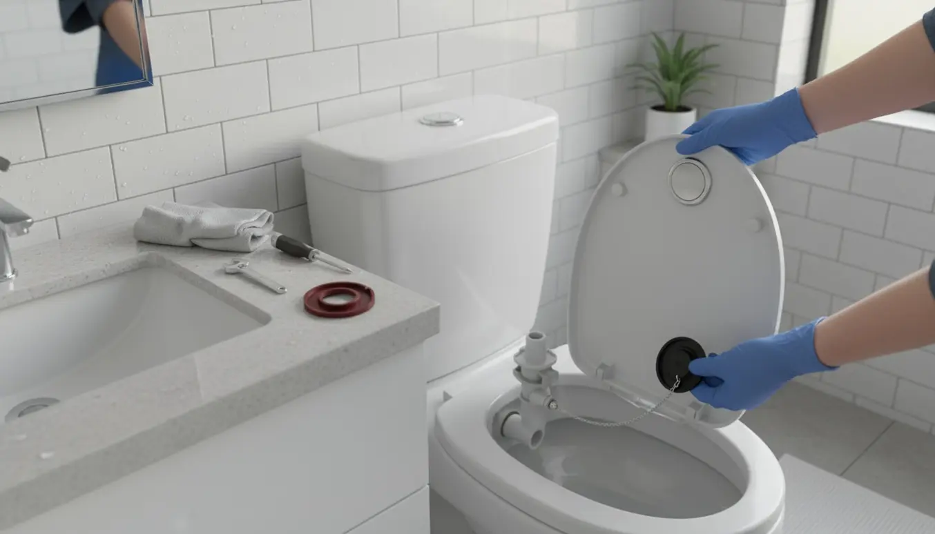 Hænder i handsker justerer toilettankens klap og kæde mens en person holder det store skyl nede.