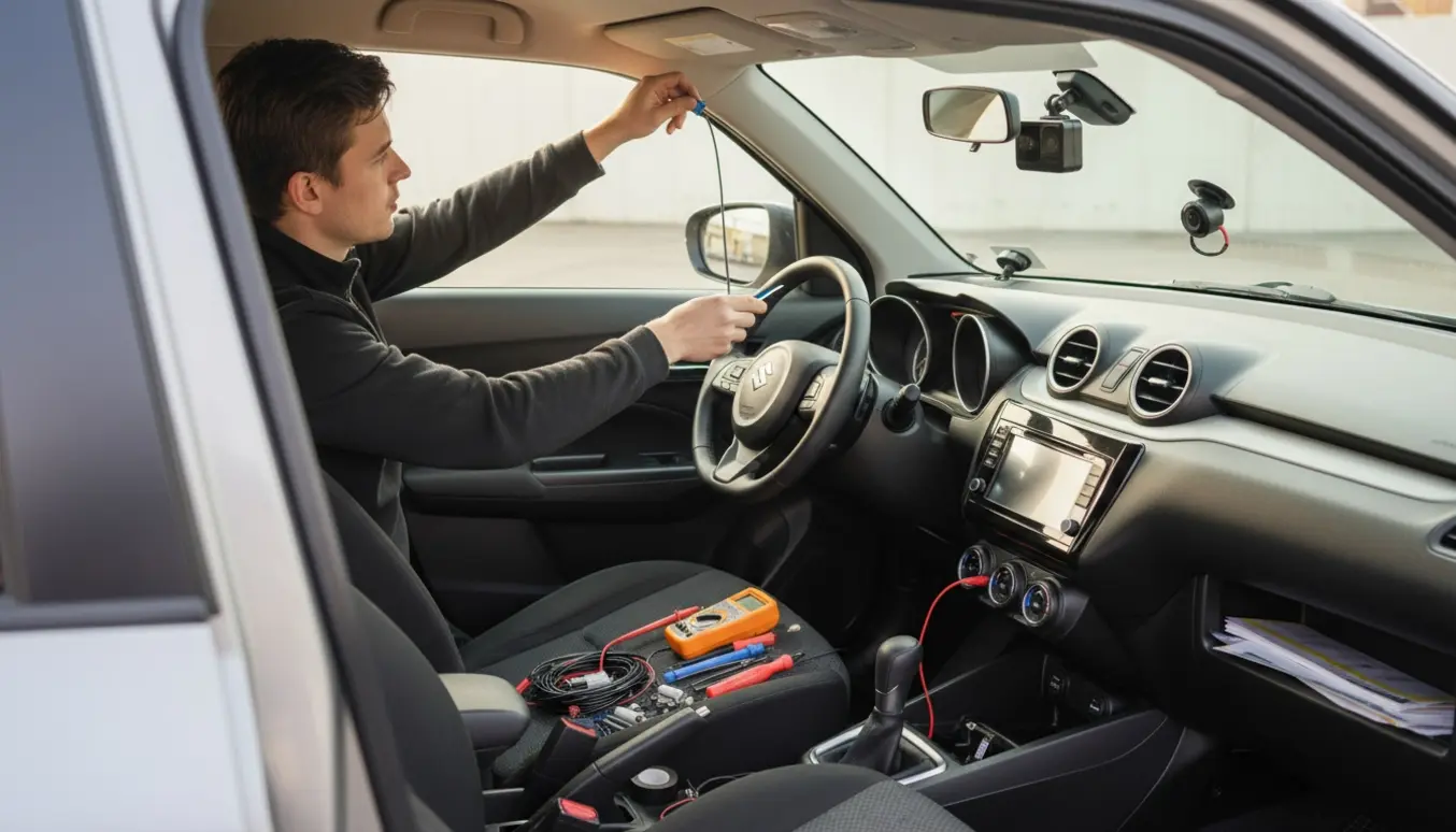 Nærbillede af montering af for- og bagkamera i en Suzuki Swift med værktøj og fast ledningsføring.