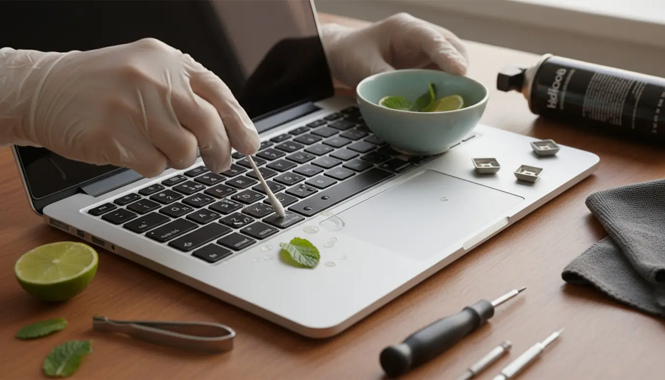 Nærbillede af en bærbar computer uden logo med fjernede taster, der rengøres efter mojito-spild.