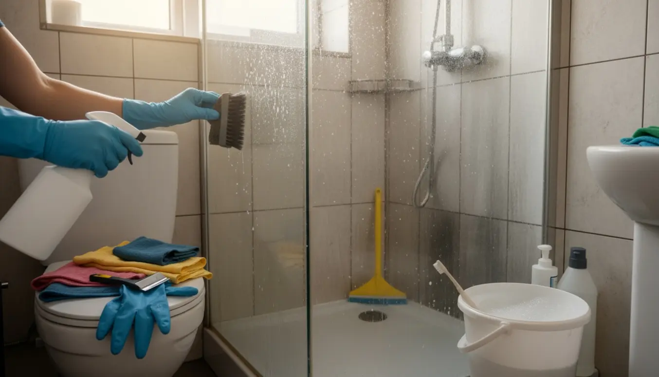 Nært billede af et lille badeværelse, hvor hænder i gummihandsker skrubber kalk fra brusefliserne.