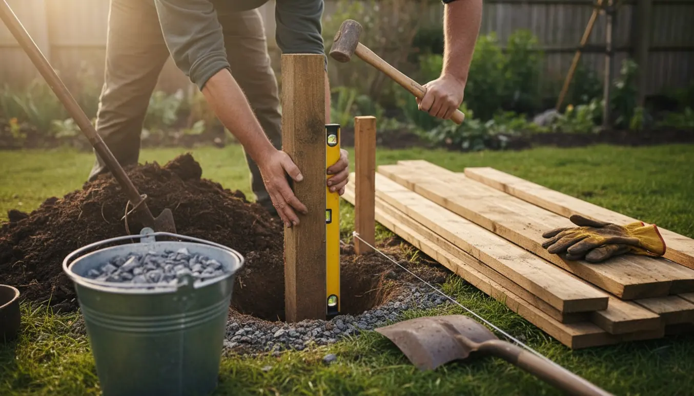 Ny træstolpe sættes i et gravet hul i en baghave som led i reparation af et hegn.