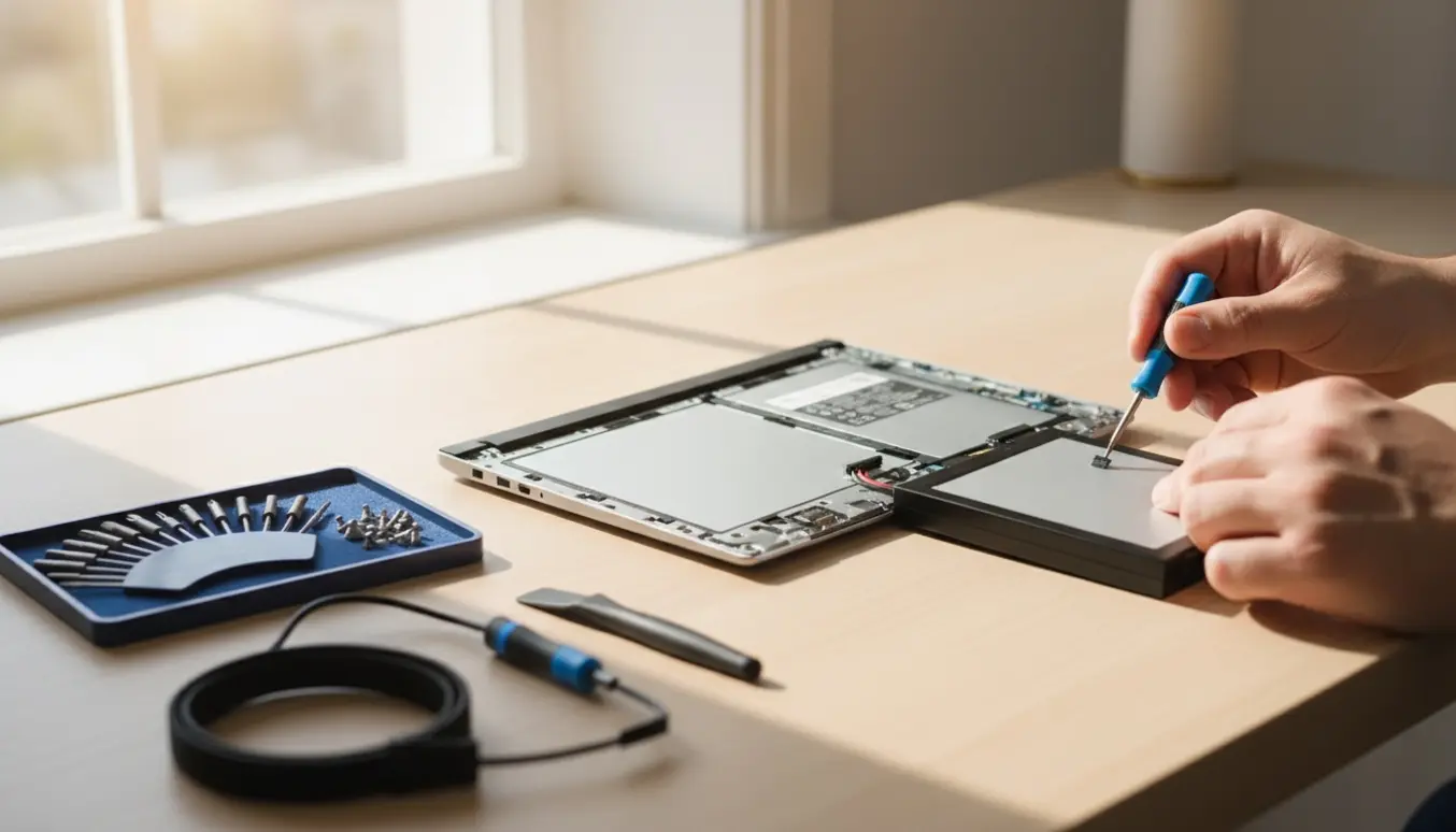 Åben bærbar med tom batteribakke og nyt batteri ved siden af, klar til udskiftning.