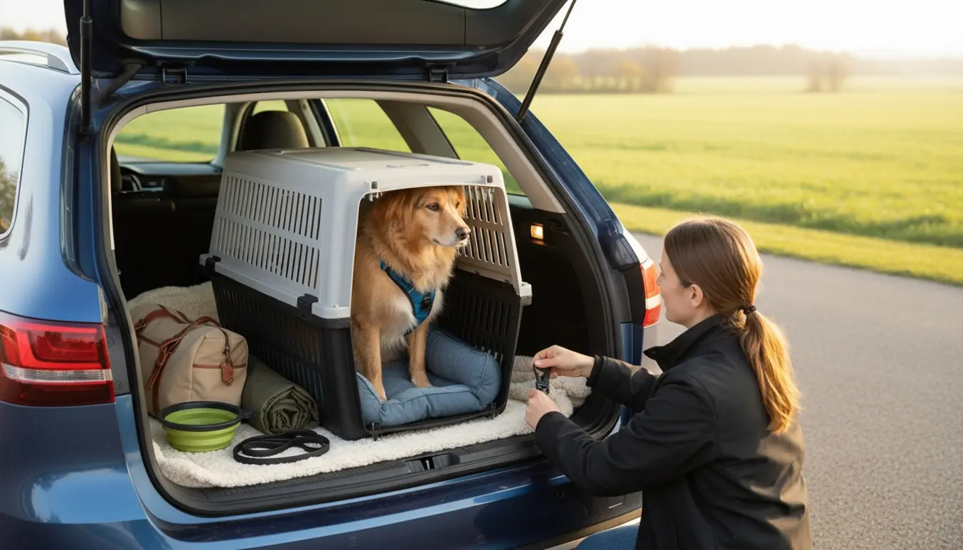 En hund i et sikkert transportbur i bilens bagagerum, klar til rejsen.