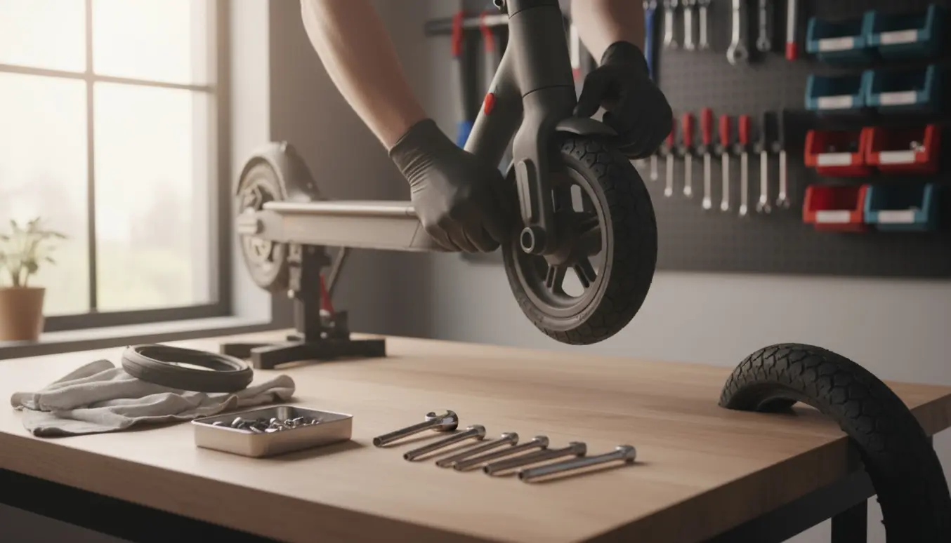 Nærbillede af en el-scooter på værksted, hvor hænder monterer punkteringsfrie dæk.