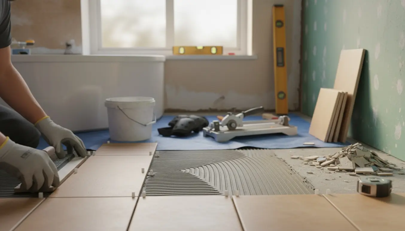 Hænder lægger nye fliser i et lille badeværelse med flisekryds, flisekutter og værktøj synligt.