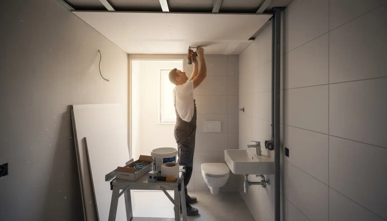 Håndværker monterer dobbelte gipsplader i et lille gæstetoilet med synlige el-rør ved loftet.