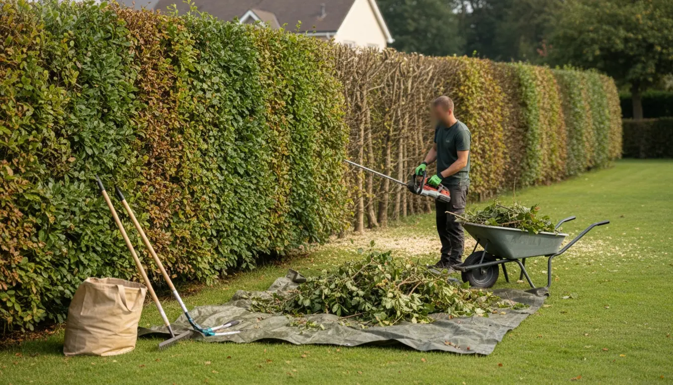 Nedskåret bøgehæk med friske afklip samlet i trillebør og hænder med grensaks uden synligt ansigt.