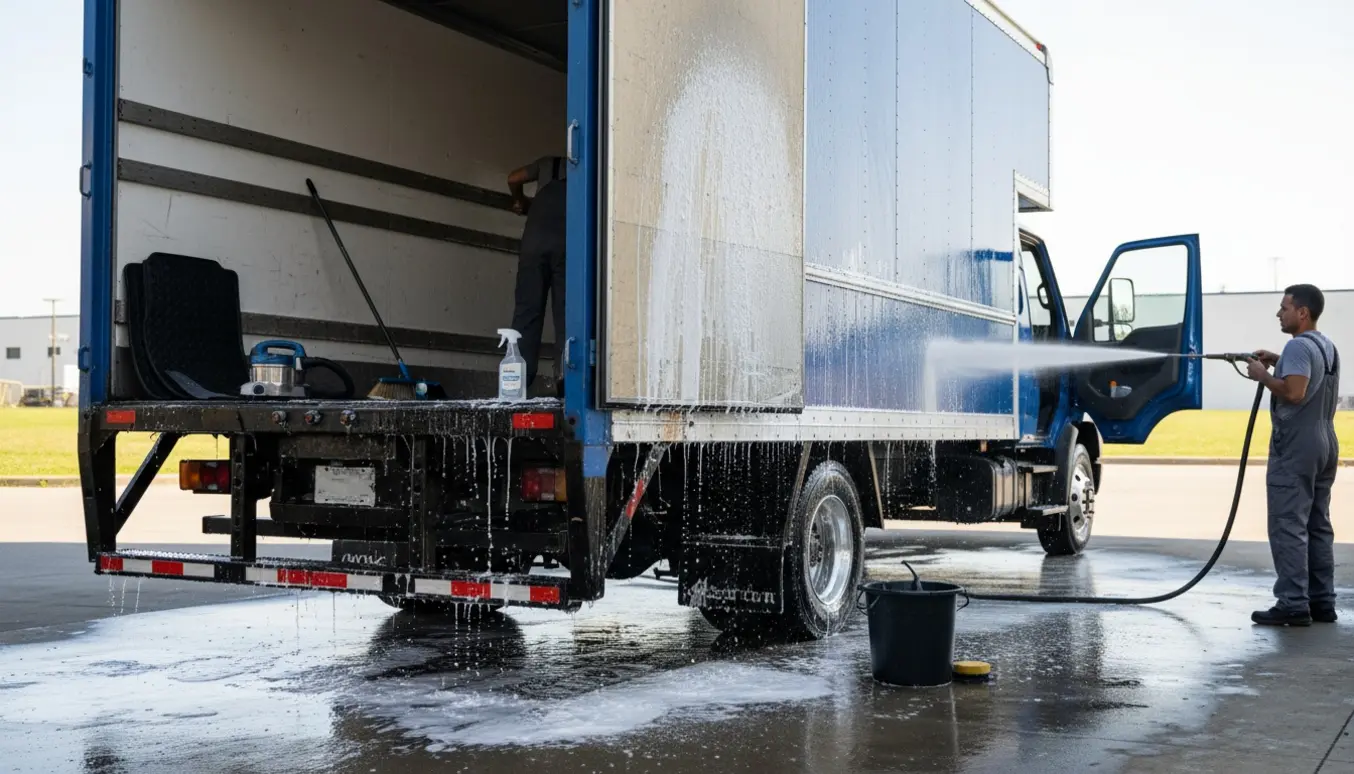 Stor flyttebil med åben lift og varerum under grundig indvendig og udvendig vask.