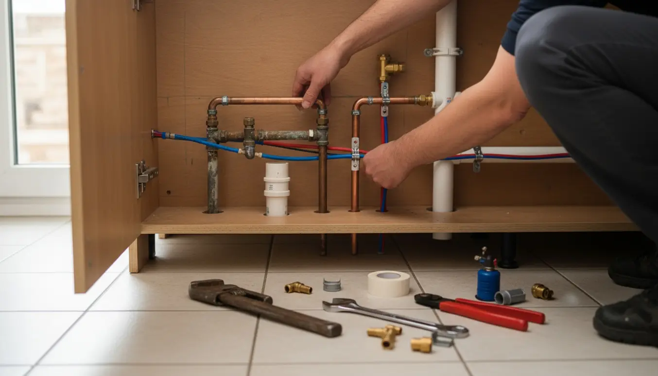 Hænder arbejder med at flytte vand- og afløbsrør under et køkkenskab, med synlige rør og værktøj.