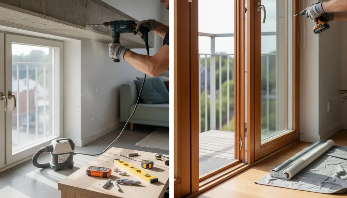 Hænder monterer et lamelgardin i beton og et rullegardin på en fransk altandør i træ i et lyst rum.