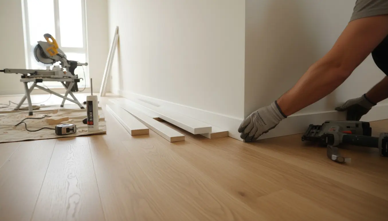 Handsker holder en ny hvid fodliste mod nymalet væg i en lys, nyrenoveret lejlighedskorridor.