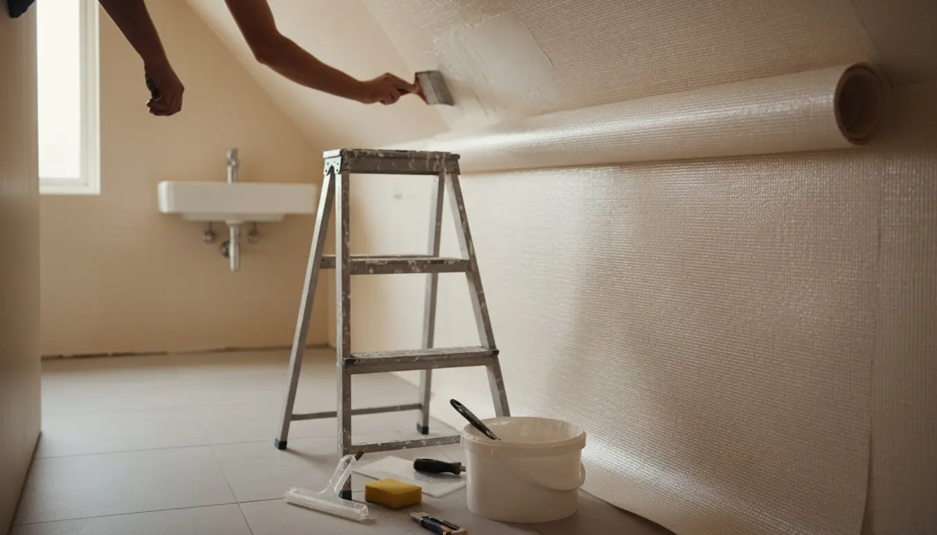 Nærbillede af opsætning af glasfilt på vægge og loft i et lille badeværelse med skråvæg og værktøj synligt.