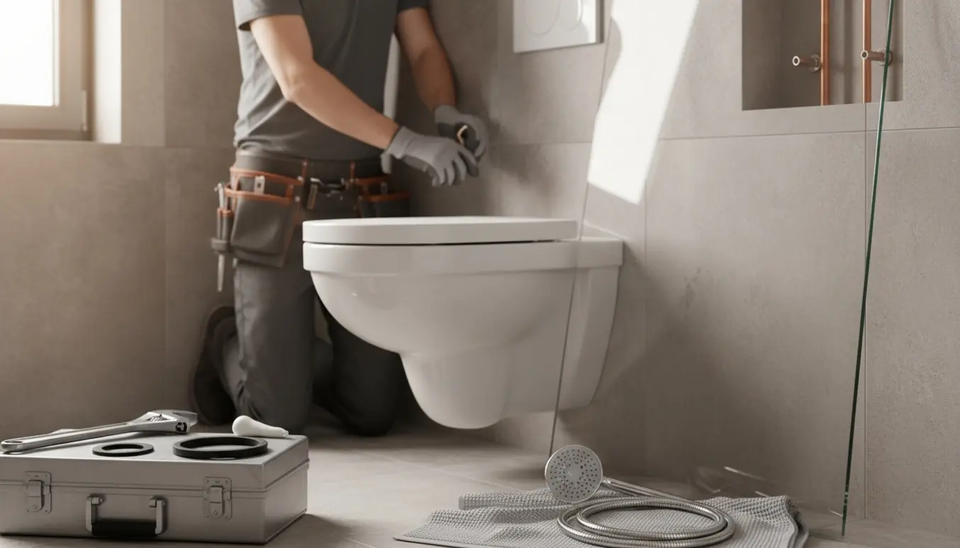 VVS'er fra siden installerer et nyt væghængt toilet og skifter brusearmatur i et lyst badeværelse.