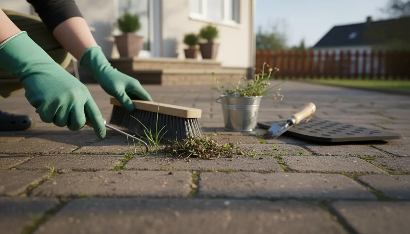 Hænder fjerner ukrudt mellem terrassefliser og fejer snavs sammen foran et hus.