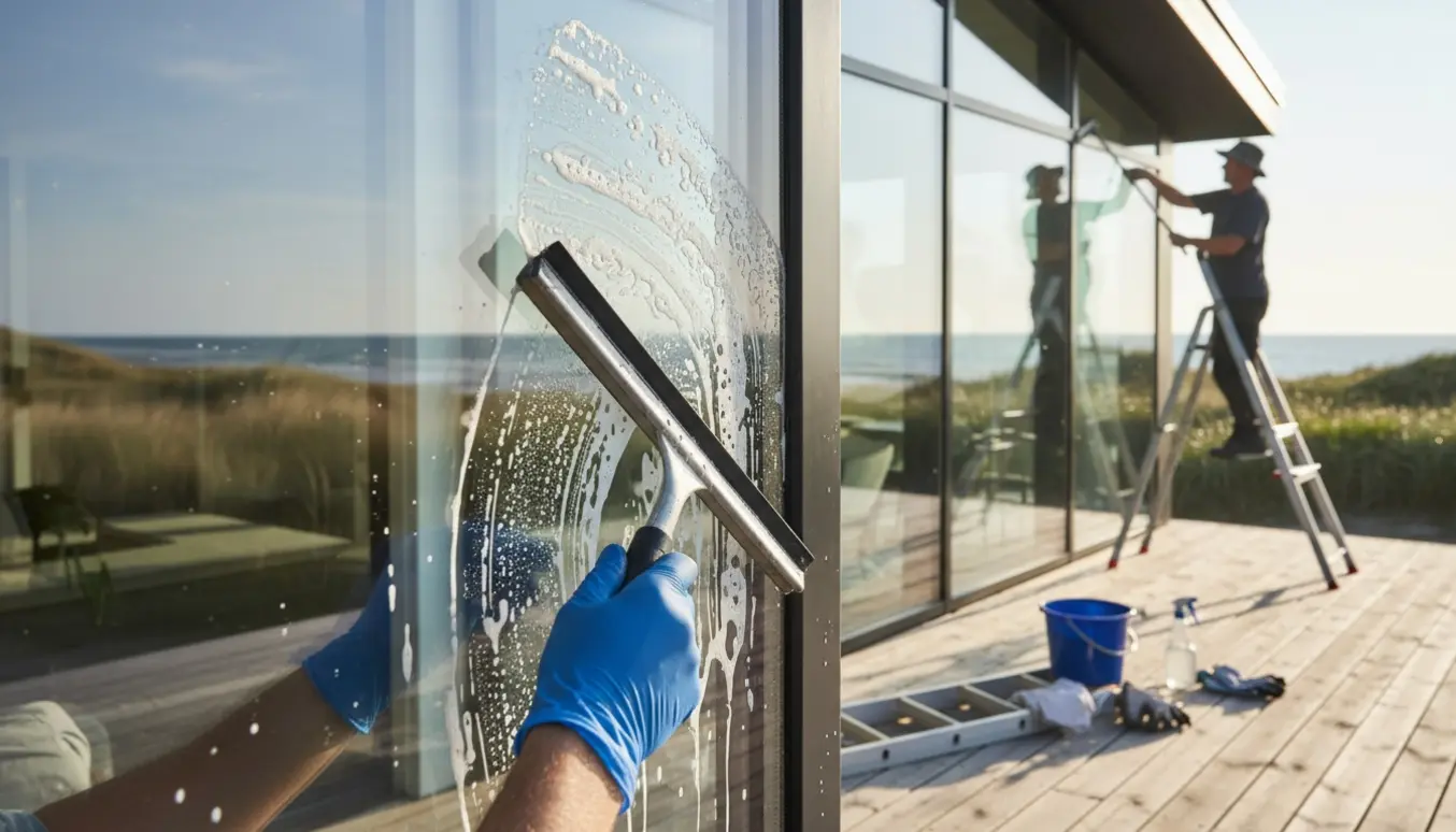 Vinduespudser pudser store glaspartier i et kysthus i Solrød Strand med squeegee og spand.
