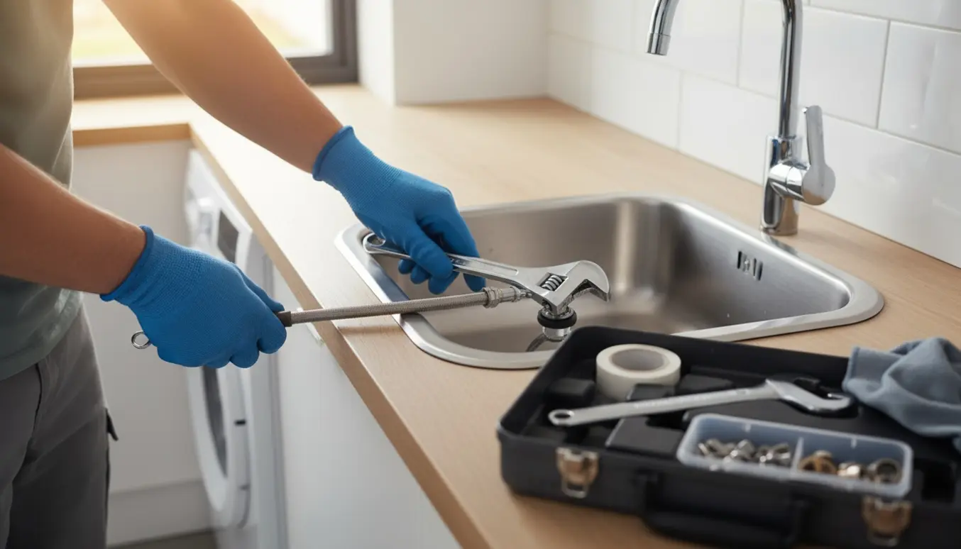 Hænder med arbejdshandsker monterer nyt krom blandingsbatteri på en rustfri stål bryggersvask.