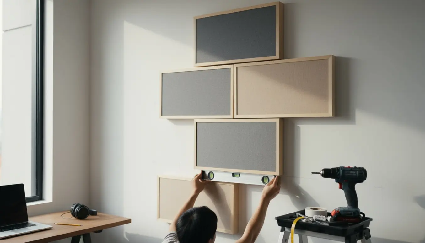 Hænder monterer fem stofbeklædte akustikpaneler på en væg i et lyst hjemmestudie.