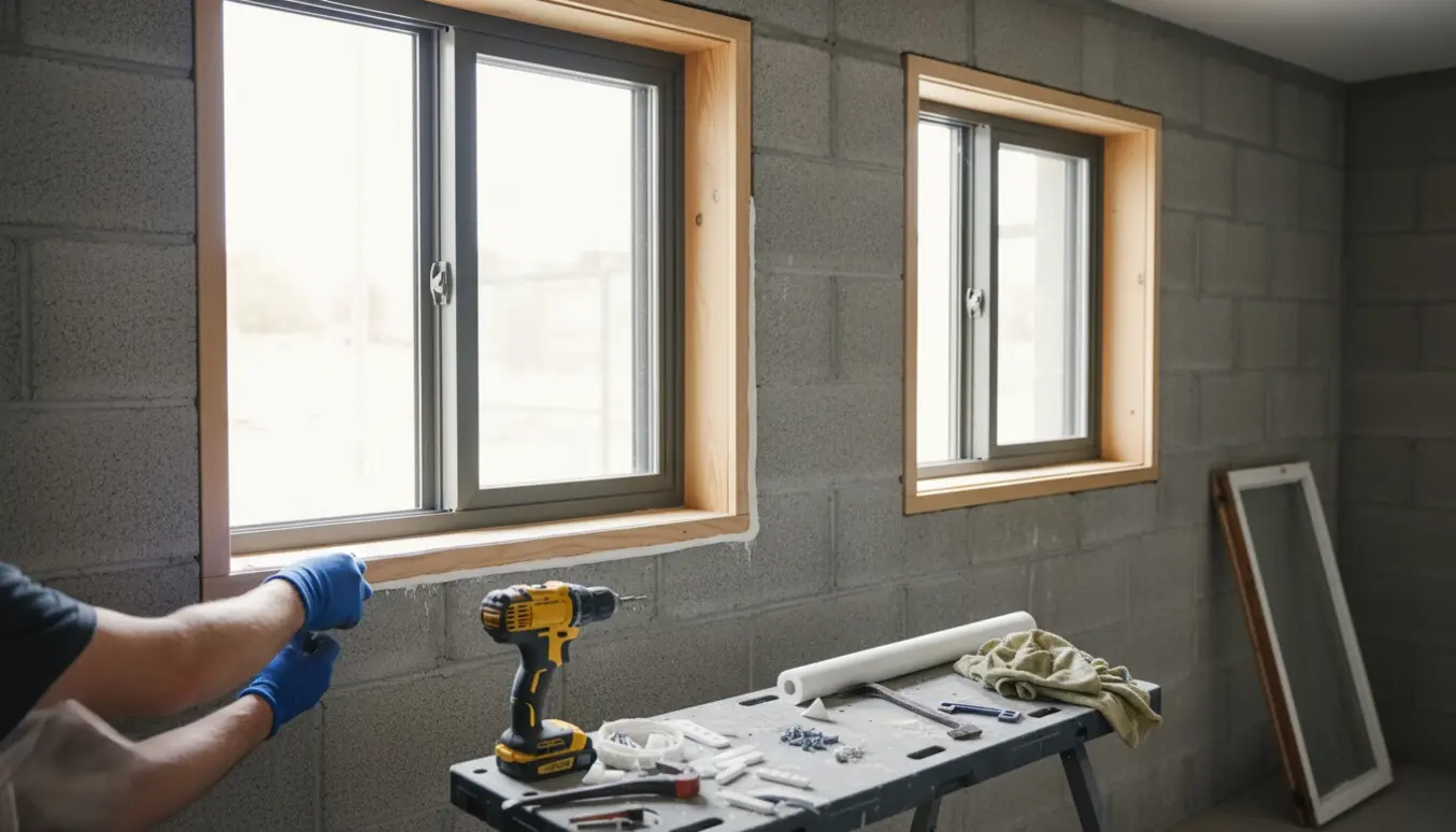 To træ/alu-kældervinduer udskiftes, hånd med fugepistol påfører tætning ved vinduesrammen.