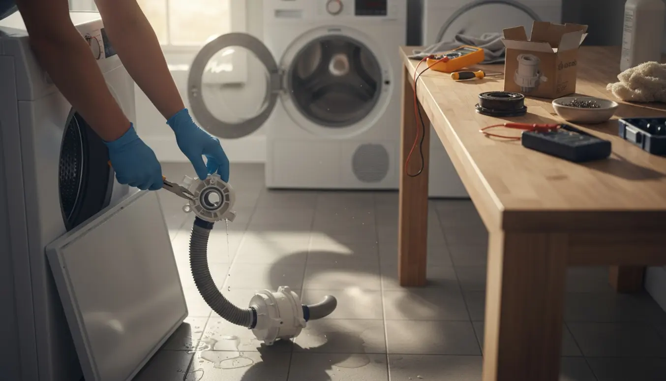 Tekniker inspicerer en åben vaskemaskines pumpe og reservedele ved siden af en tørretumbler i et lyst bryggers.