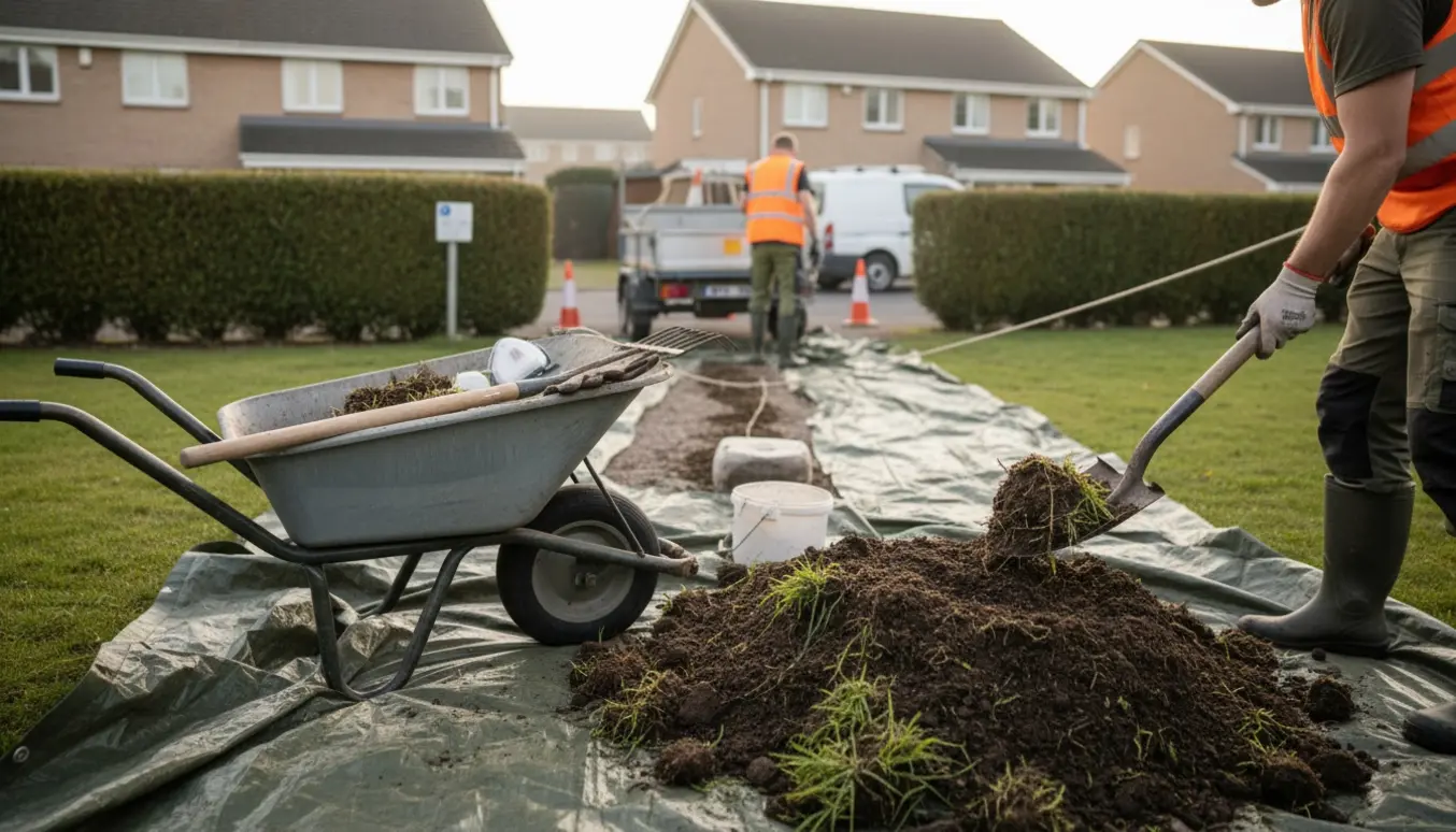 Gloved hænder skovler udgravet jord på et tæppe og i en trillebør ved en have klar til bortkørsel over hækken.
