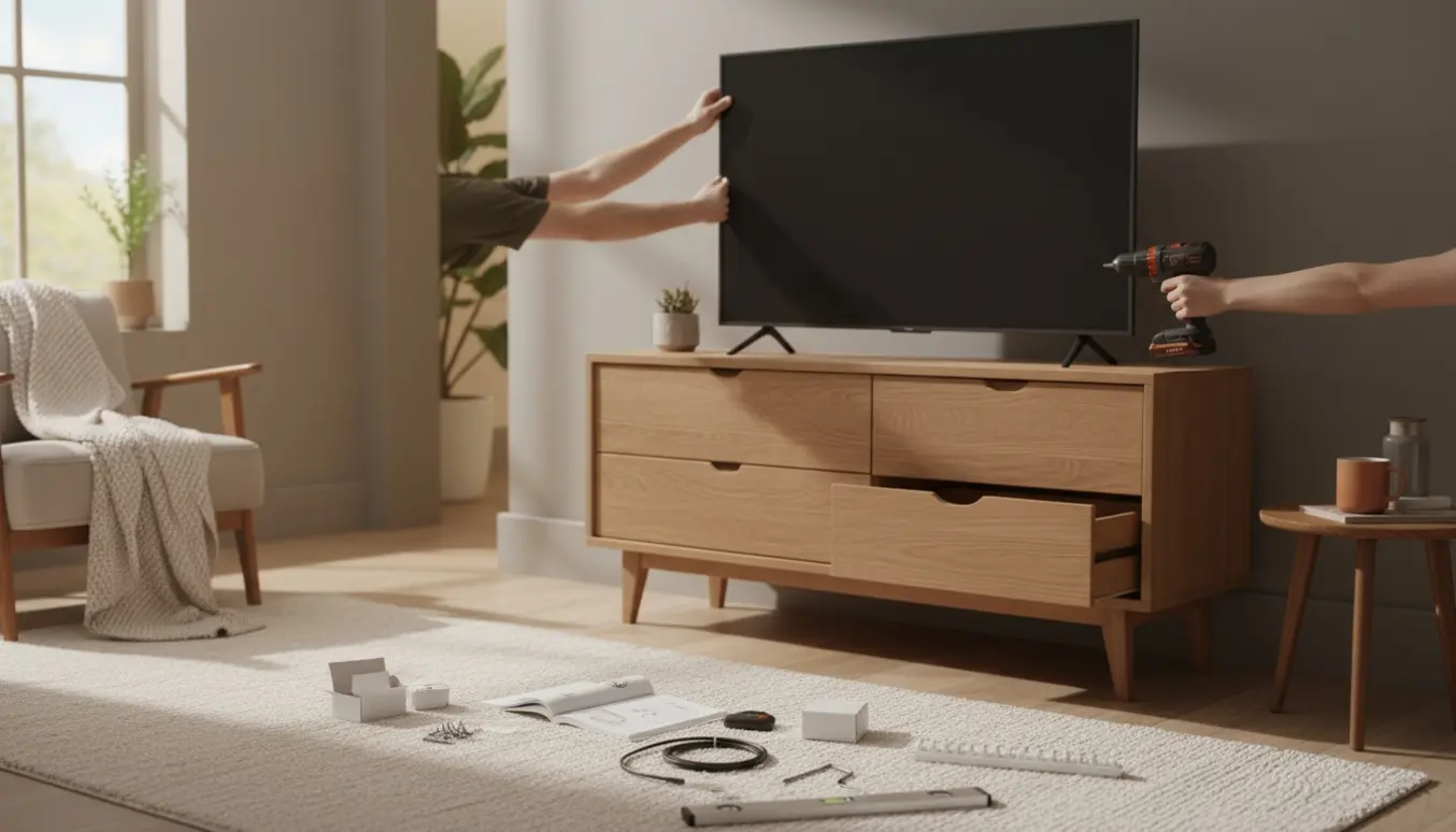Hænder monterer et TV over en lille kommode i en lys, ryddelig stue med værktøj og samlingsdele på gulvet.