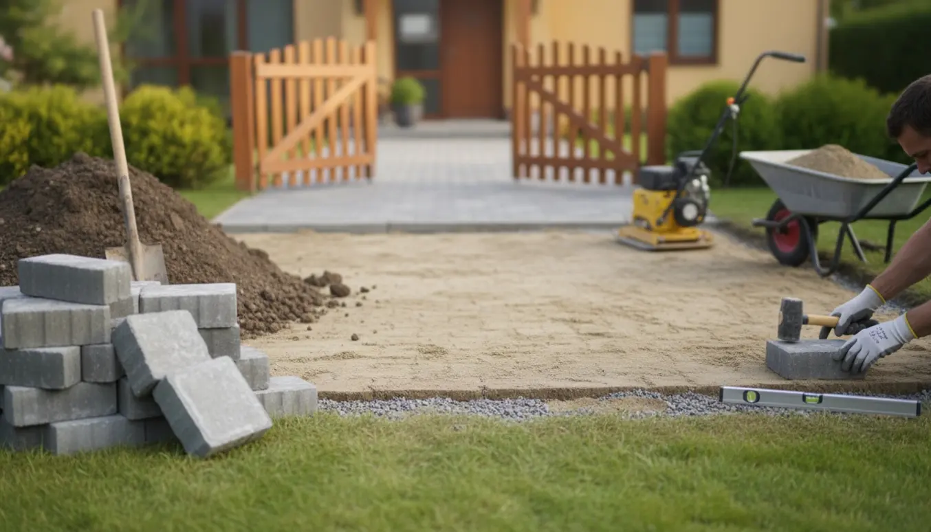 SF-sten på ca. 7 cm lægges på en udgravet, plan indkørsel med værktøj og jordbunker ved siden af.