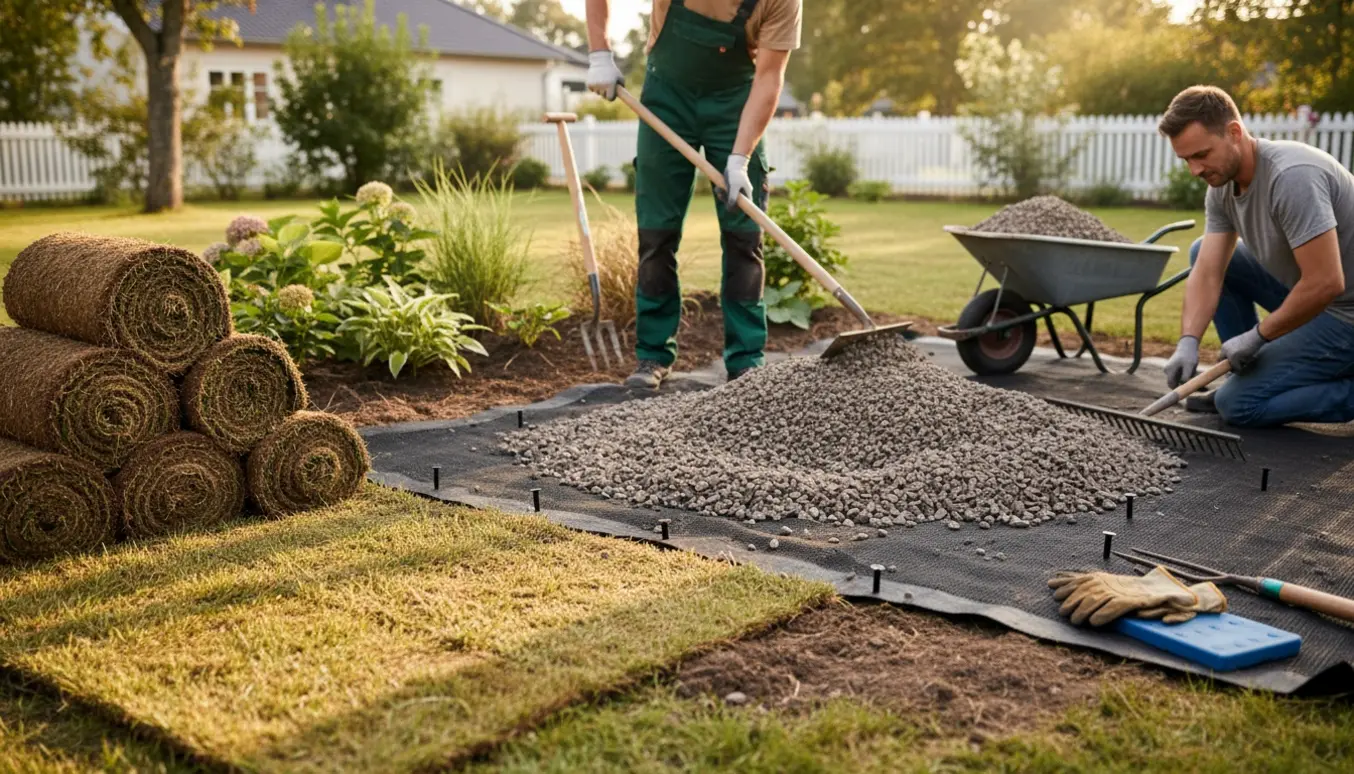 Haveområde hvor græs er fjernet, ukrudtsdug rulles ud og skærver lægges med trillebør og skovl.