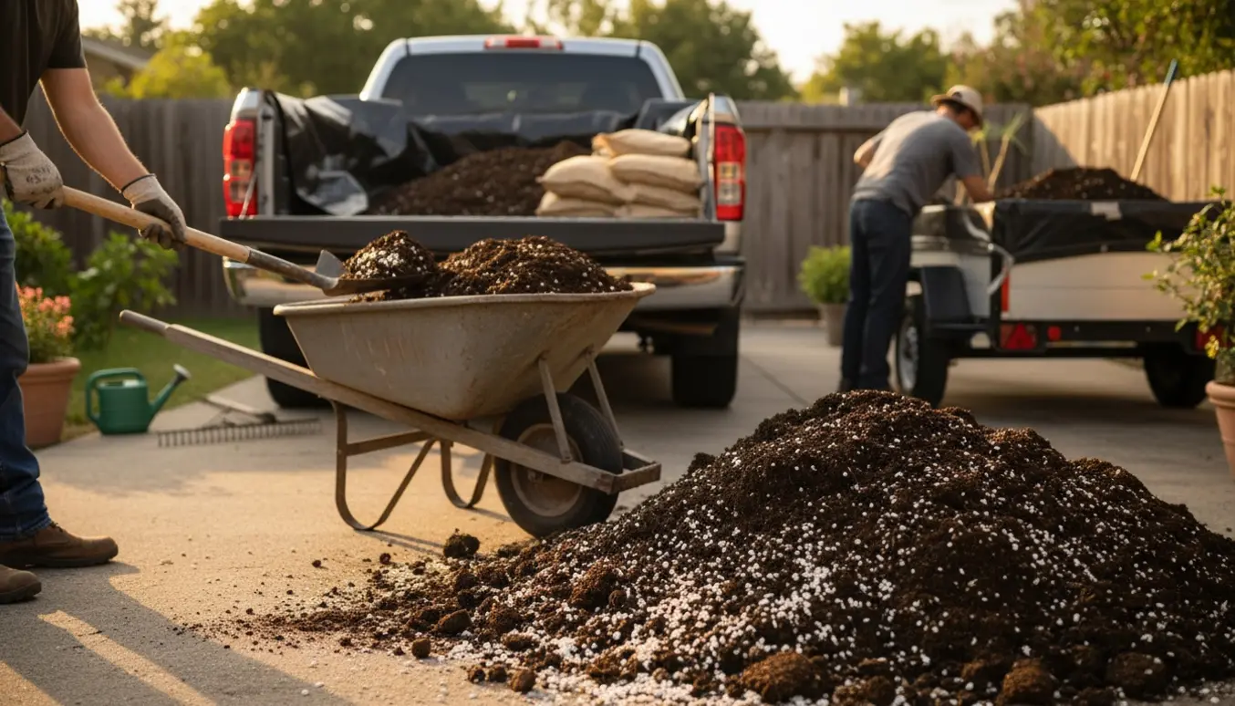 Bunker af jord, småsten og grus bliver skovlet og læsset i trailer og varebil på en indkørsel.