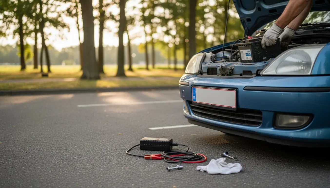 Ældre Ford Fiesta med åben motorhjelm i en parkeringsplads, hvor et batteri bliver løftet ud med handsker og en bærbar jumpstarter ved siden af.