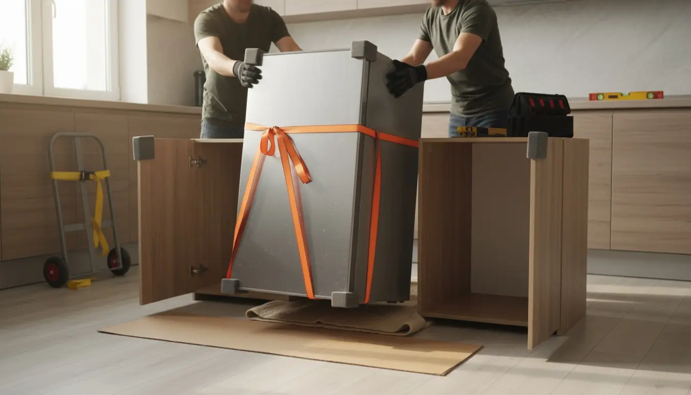 To personer løfter et rustfrit køleskab fra et 50 cm højt bundskab og sætter det på et nyt bundskab i et lyst køkken.